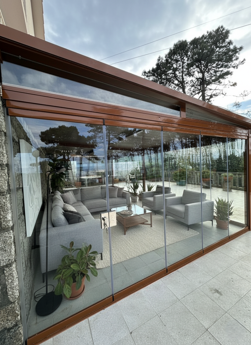 Cortinas de cristal KADO con estructura marrón en terraza de lujo