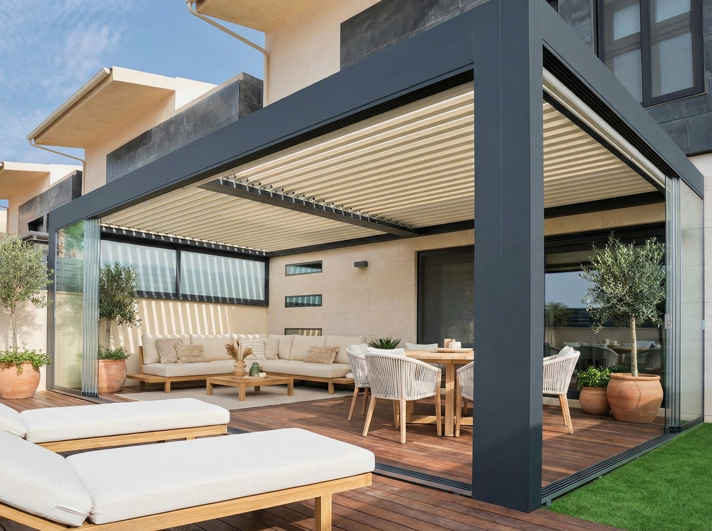 Pérgola bioclimática retráctil HIBRA HR450 con cortinas y suelo técnico
