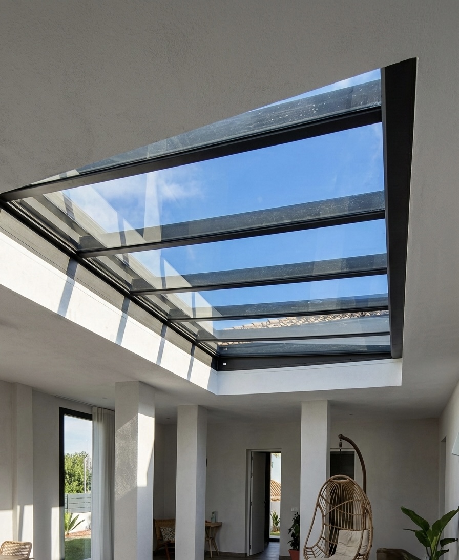 Pérgola Solario con vidrio entre muros instalada en Cádiz